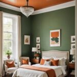 neutral Bedroom with a painted green ceiling and burnt orange details