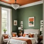 neutral Bedroom with a painted green ceiling and burnt orange details