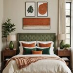 neutral Bedroom with burnt orange and green details