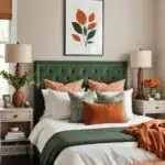 neutral modern Bedroom with burnt orange and green details