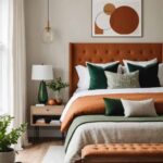 neutral modern Bedroom with burnt orange and green wallpaper