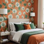 neutral modern Bedroom with burnt orange and green wallpaper