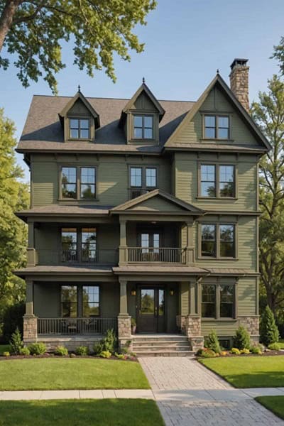 olive green traditional two story house with bronze trim (1)