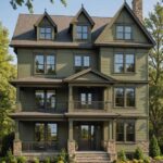 olive green traditional two story house with bronze trim