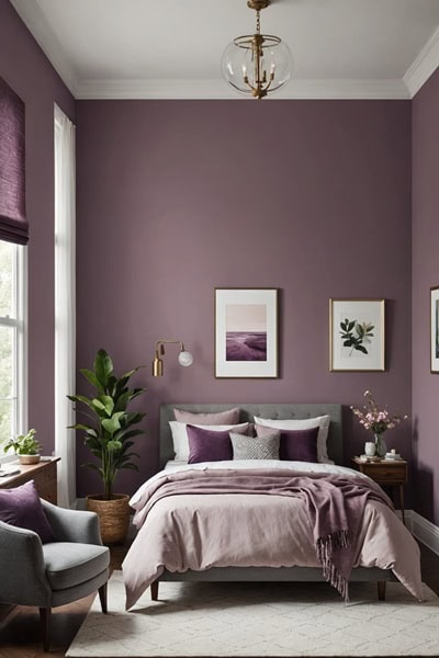 purple bedroom with bed and chair 