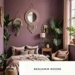 purple boho style bedroom with bed and chair and round mirrors on the wall pinterest graphic