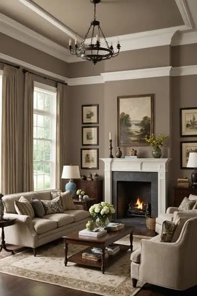 traditional living room with the paint color Sherwin Williams Taupe Tone on the walls