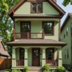 two story home with green siding and brown trim.