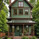 two story home with hunter green siding and brown trim. And a front porch