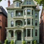 victorian house with a sage green exterior and cream trim