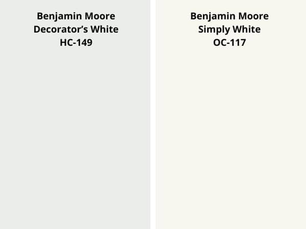 BM Decorator's White vs BM Simply White color comparison digital swatch 