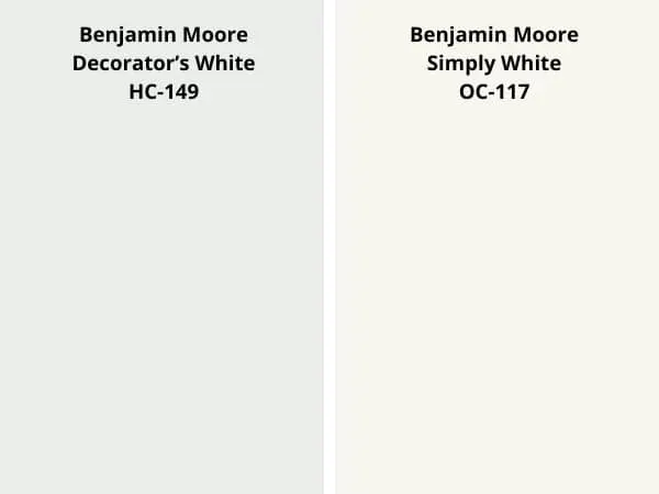 BM Decorator's White vs BM Simply White color comparison digital swatch 