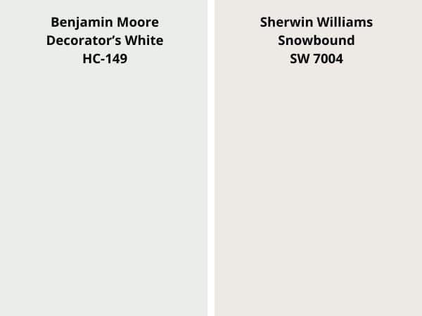 BM Decorator's White vs SW Snowbound color comparison digital swatch 