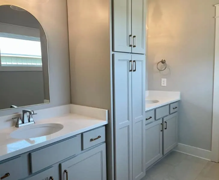 painted double vanity  cabinets in a bathroom