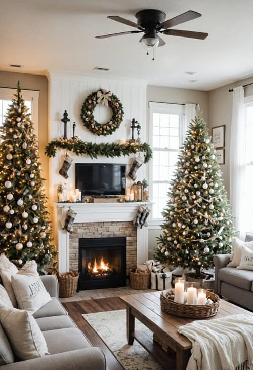 living room with cozy christmas decor, two couches, fireplace, black ceiling fan and two christmas trees