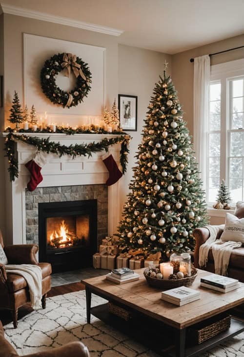 Living room with fireplace, Christmas Tree, chair, couch, and square coffee table 