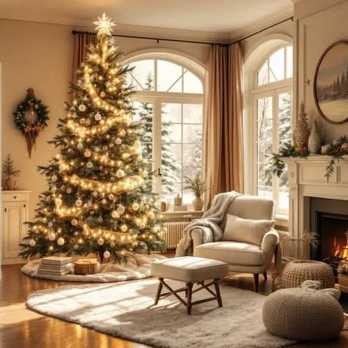 living room with christmas decor, couch, fireplace, black ceiling fan and two christmas trees 