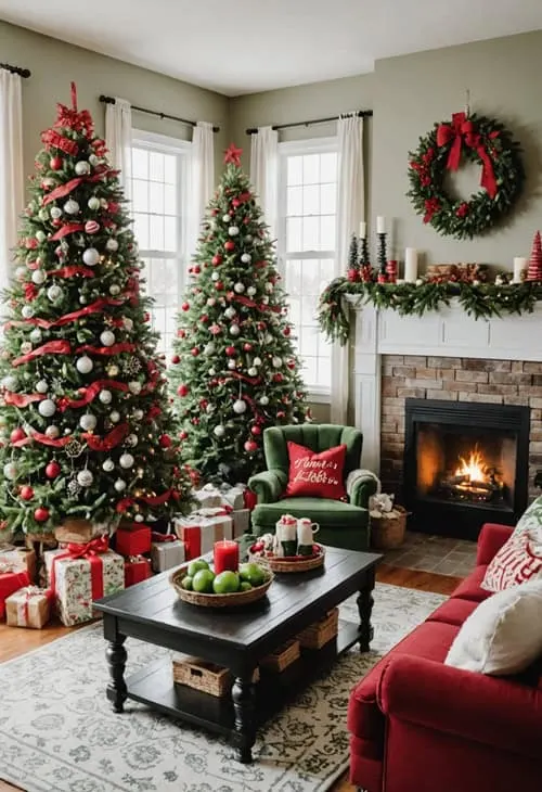 living room with red and green cozy christmas decor, couch, fireplace, black ceiling fan and two christmas trees 