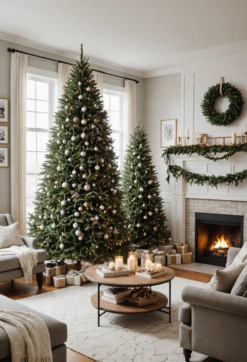 living room with cozy christmas decor, couch, fireplace, black ceiling fan and two christmas trees 