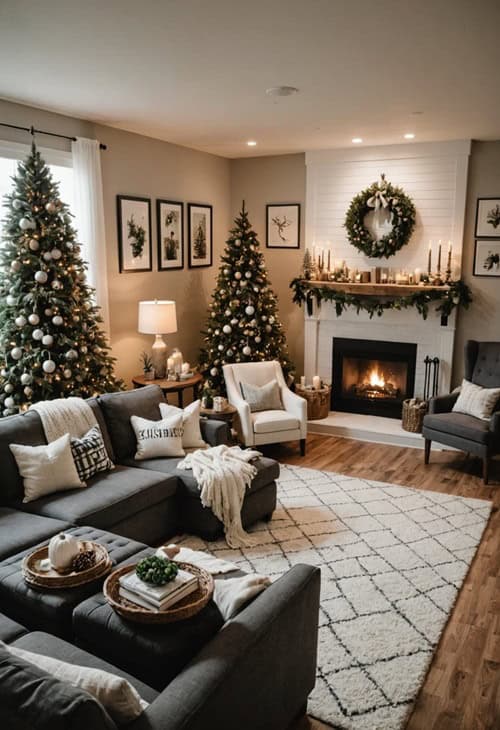 living room with cozy christmas decor, dark sectional couch, fireplace, black ceiling fan and two christmas trees 