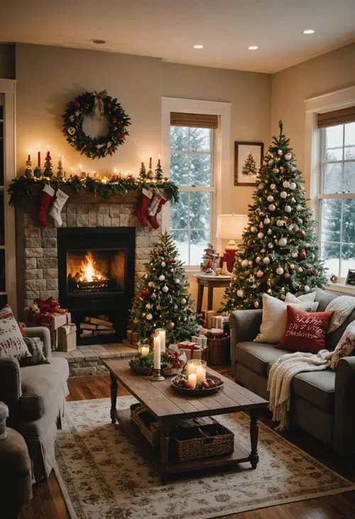 living room with cozy christmas decor, two couches, fireplace, and two christmas trees (1)