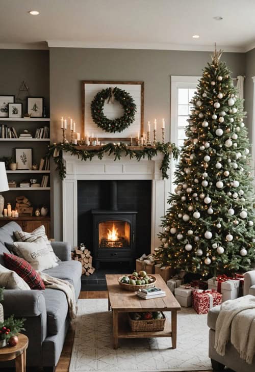 _style Living room with fireplace, Christmas Tree, couches, and coffee table 