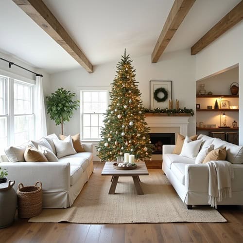 farmhouse style Living room with fireplace, Christmas Tree, couches, and coffee table