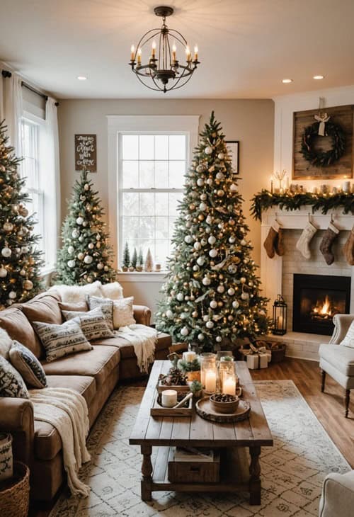 farmhouse style Living room with fireplace, two Christmas Trees, chair, couch, and coffee table 