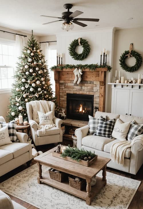 farmhouse style Living room with fireplace, Christmas Tree, chair, couch, and coffee table 