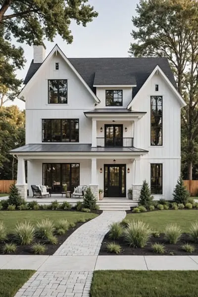 the exterior of a three story home that is painted Decorator's White 