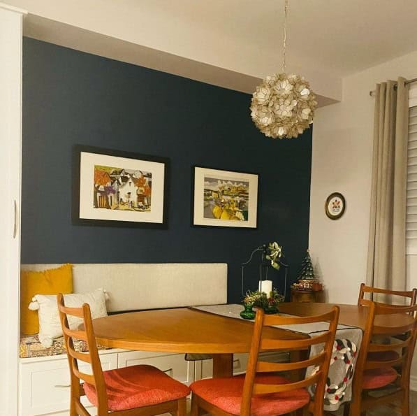 Eider white on wall of a dining room with dining room table