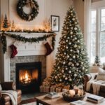 Living room with fireplace, Christmas Tree, chair, couch, and square coffee table (1)