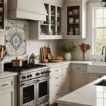 boho style kitchen with kitchen island and beige cabinets