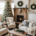 farmhouse style Living room with fireplace, Christmas Tree, chair, couch, and coffee table