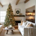 farmhouse style Living room with fireplace, Christmas Tree, couches, and coffee table