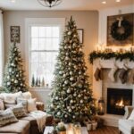 farmhouse style Living room with fireplace, two Christmas Trees, chair, couch, and coffee table