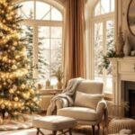 living room with christmas decor, couch, fireplace, black ceiling fan and two christmas trees