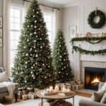 living room with cozy christmas decor, couch, fireplace, black ceiling fan and two christmas trees