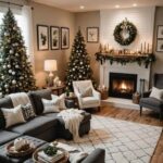 living room with cozy christmas decor, dark sectional couch, fireplace, black ceiling fan and two christmas trees