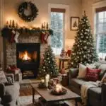 living room with cozy christmas decor, two couches, fireplace, and two christmas trees