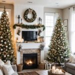 living room with cozy christmas decor, two couches, fireplace, black ceiling fan and two christmas trees