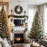 living room with cozy christmas decor, two couches, fireplace, black ceiling fan and two christmas trees