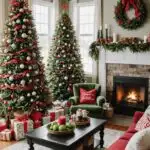 living room with red and green cozy christmas decor, couch, fireplace, black ceiling fan and two christmas trees