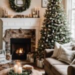 _style Living room with fireplace, Christmas Tree, couch and coffee table