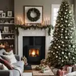 _style Living room with fireplace, Christmas Tree, couches, and coffee table