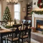 A Rustic charm dining room decorated for Christmas with a fireplace and dining table