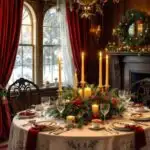 A Traditional dining room decorated for Christmas with a round table, fireplace and window