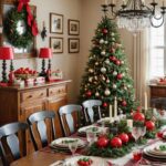 A Vintage inspired dining room decorated for Christmas with Classic red and green with retro ornaments and plaid patterns