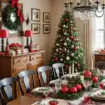 A Vintage inspired dining room decorated for Christmas with Classic red and green with retro ornaments and plaid patterns