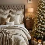 A cozy bedroom decorated for Christmas with festive ones in beige, cream, or gold tones and details of embroidery, fringe,